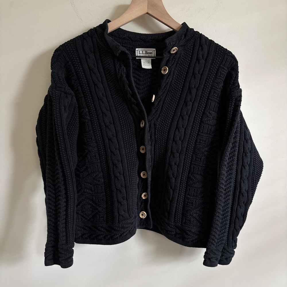 LL Bean Vintage Black Cable Knit Cardigan Sweater Womens Medium USA Cotton